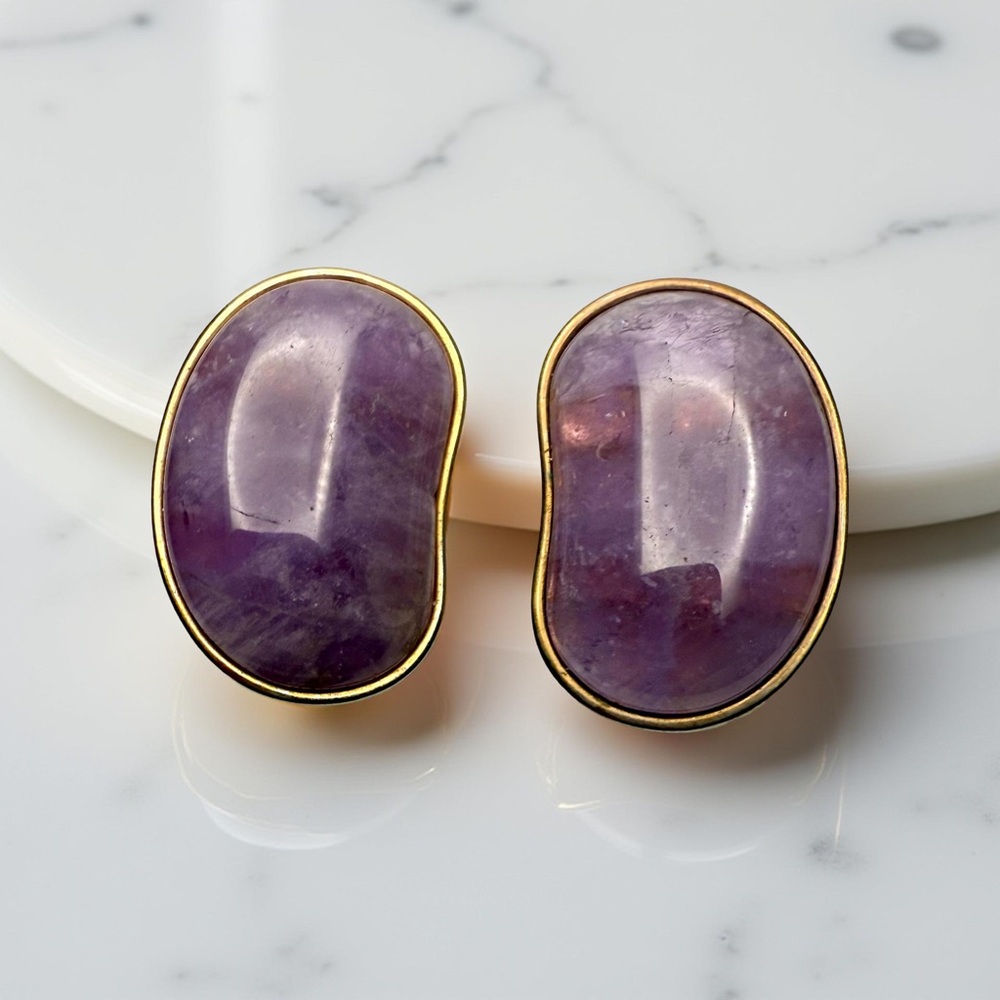 Vintage Genuine Amethyst Cabochon Gold Tone Clip On Earrings Estate
